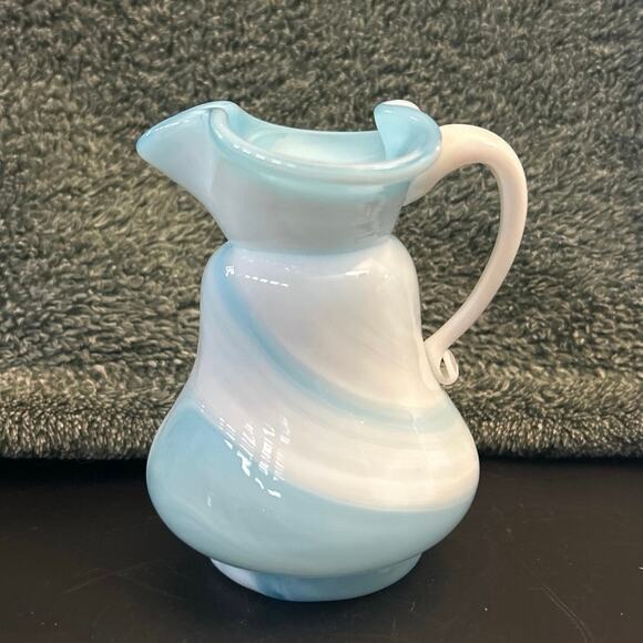 Slag Glass Pitcher Blue White Swirl MCM Creamer Kanawha - Picture 1 of 9